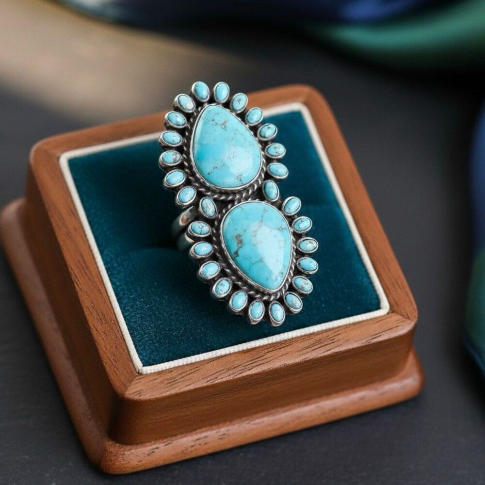 New Sterling Silver Double Turquoise Statement Ring - Bold Southwestern Design - Picture 3 of 7